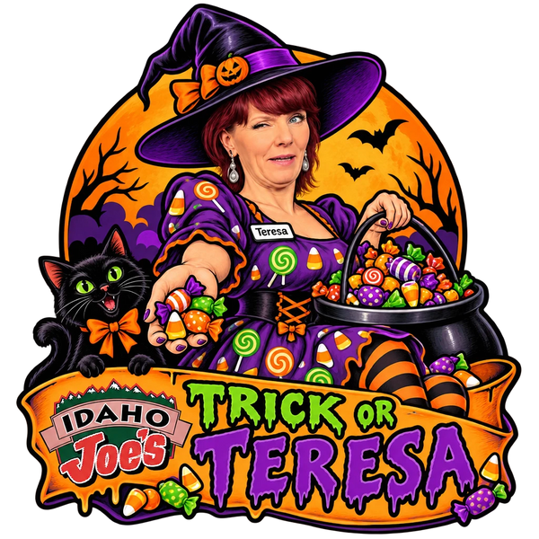 Idaho Joe's sticker: Teresa as a candy witch handing out treats – “Trick or Teresa”