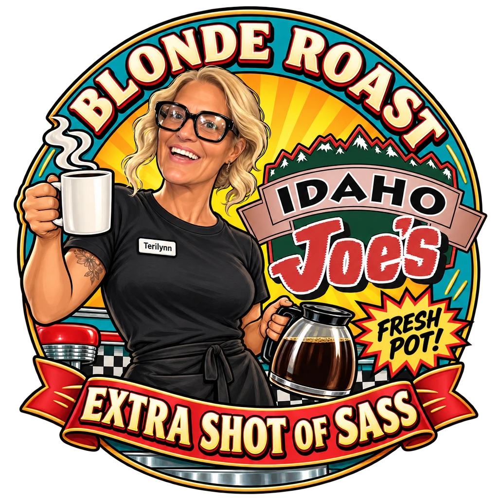 Idaho Joe's sticker: Terilynn with a coffee mug and a fresh pot – “Blonde Roast”