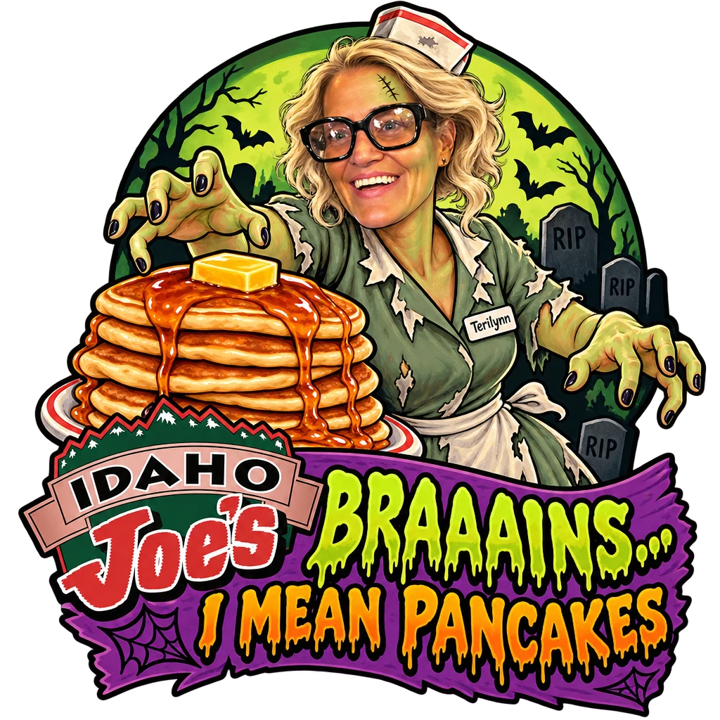 Idaho Joe's sticker: Terilynn as a zombie waitress reaching for pancakes – “Braaains... I Mean Pancakes”