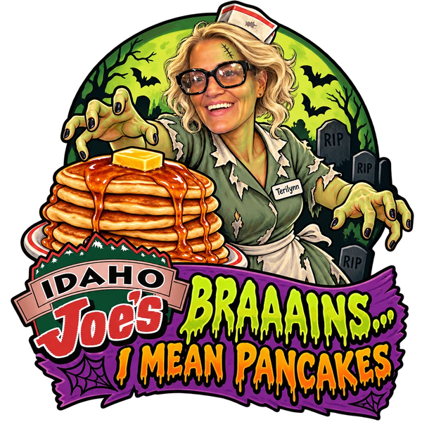 Idaho Joe's sticker: Terilynn as a zombie waitress reaching for pancakes – “Braaains... I Mean Pancakes”