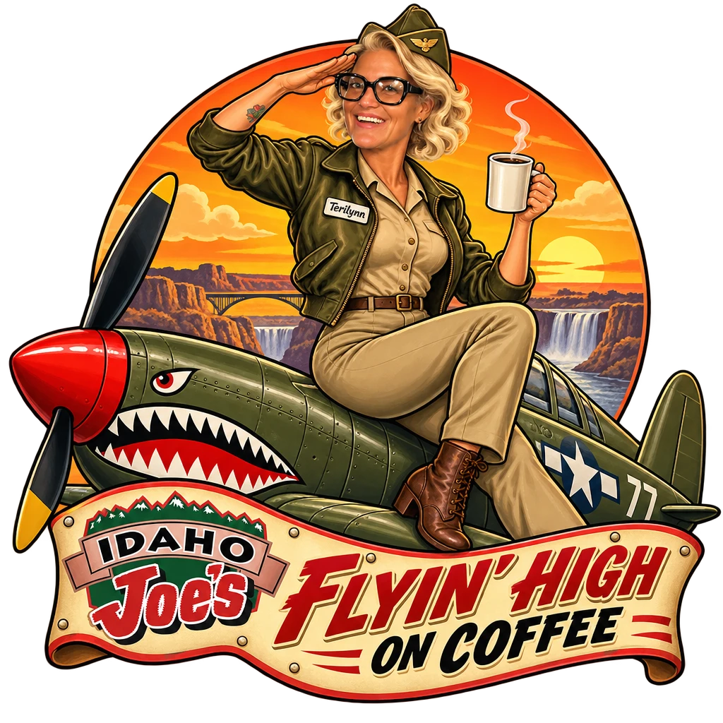 Idaho Joe's sticker: Terilynn as a flight girl on a fighter plane over the canyon – “Flyin' High on Coffee”