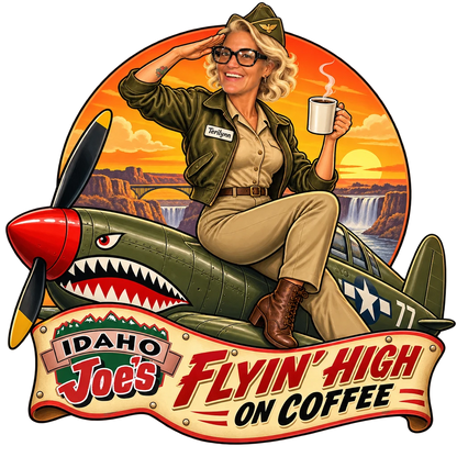 Idaho Joe's sticker: Terilynn as a flight girl on a fighter plane over the canyon – “Flyin' High on Coffee”