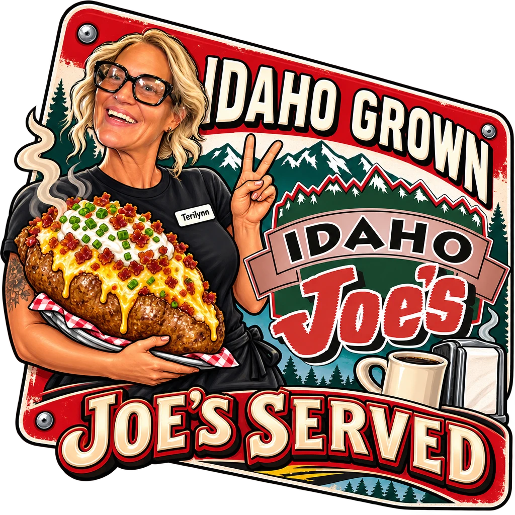 Idaho Joe's sticker: Terilynn with a giant loaded baked potato – “Idaho Grown, Joe's Served”