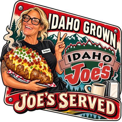 Idaho Joe's sticker: Terilynn with a giant loaded baked potato – “Idaho Grown, Joe's Served”