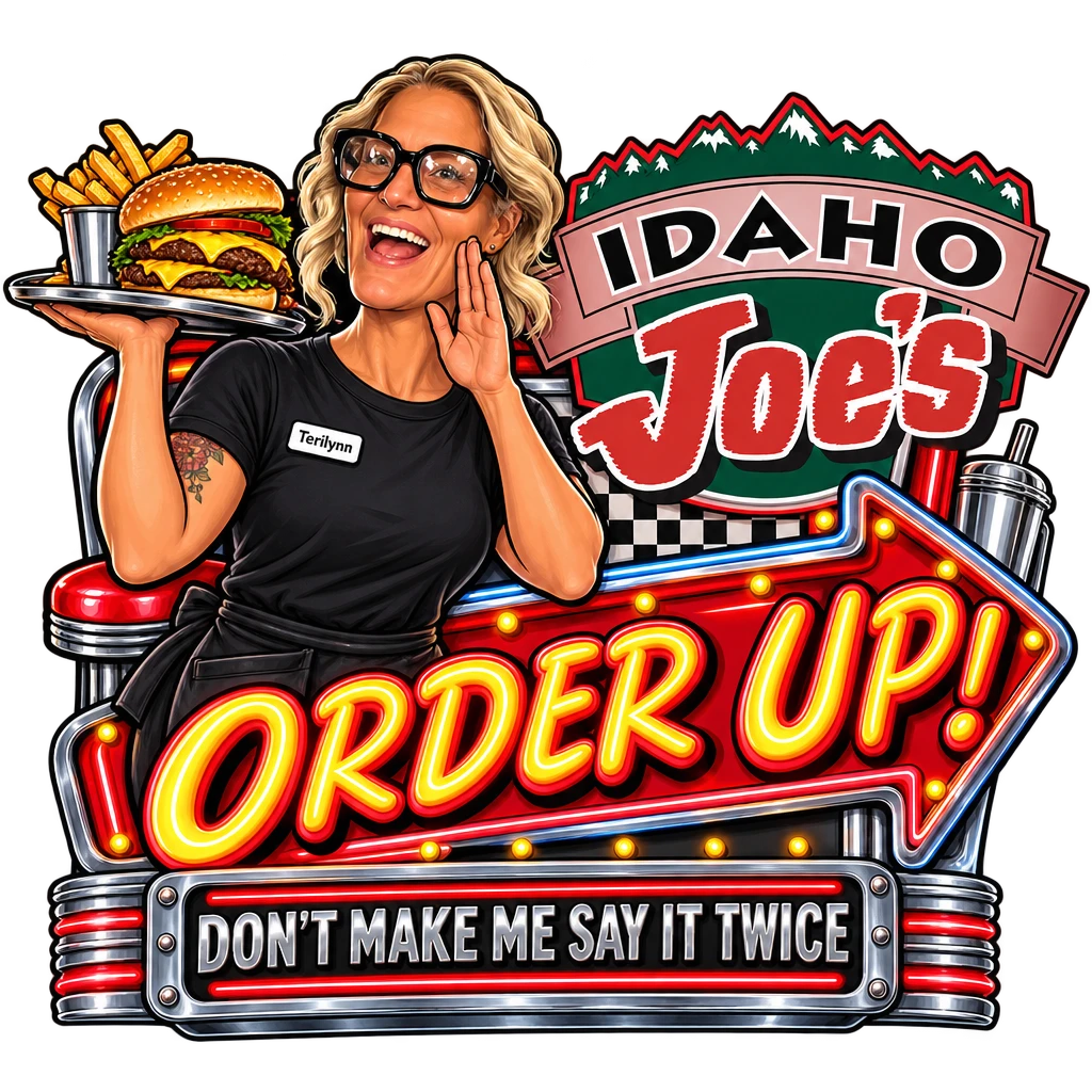 Idaho Joe's sticker: Terilynn holding up a burger tray under a neon sign – “Order Up!”