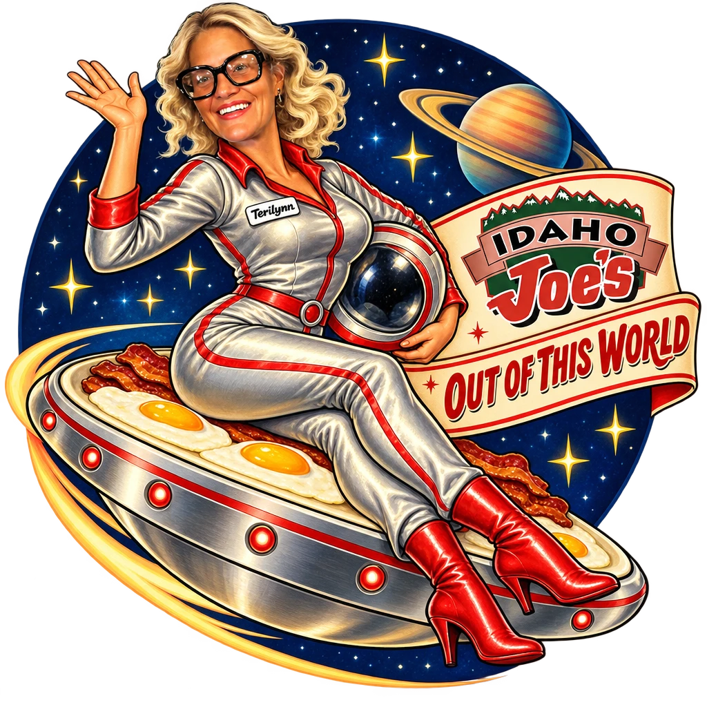 Idaho Joe's sticker: Terilynn as a space girl riding a breakfast flying saucer – “Out of This World”