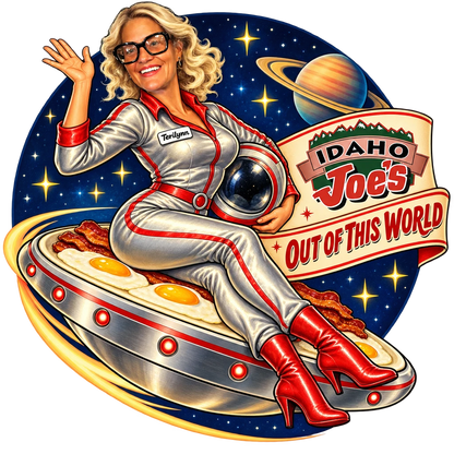 Idaho Joe's sticker: Terilynn as a space girl riding a breakfast flying saucer – “Out of This World”