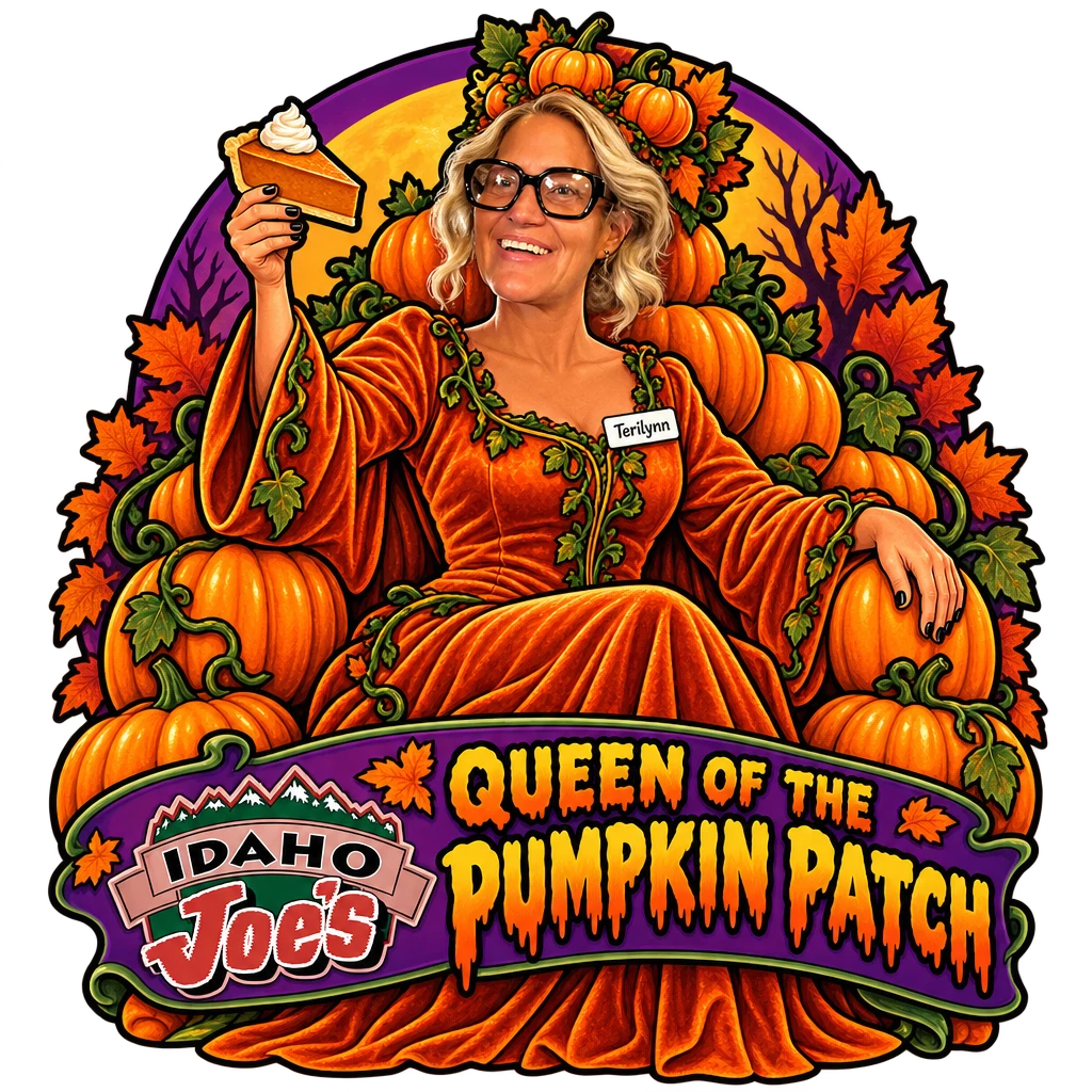 Idaho Joe's sticker: Terilynn as the pumpkin queen on a throne of pumpkins – “Queen of the Pumpkin Patch”