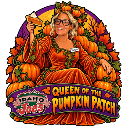 Idaho Joe's sticker: Terilynn as the pumpkin queen on a throne of pumpkins – “Queen of the Pumpkin Patch”