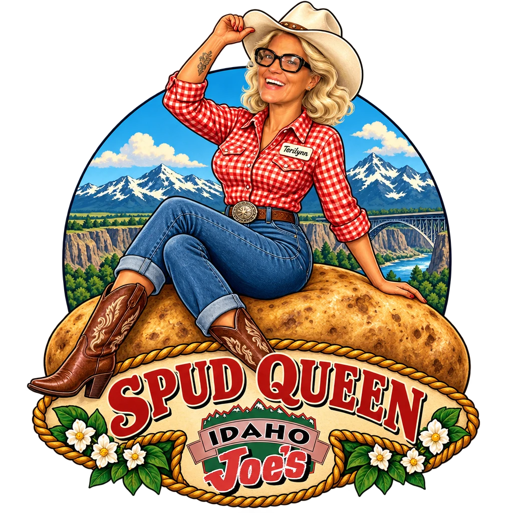 Idaho Joe's sticker: Terilynn as a cowgirl on a giant Idaho potato – “Spud Queen”