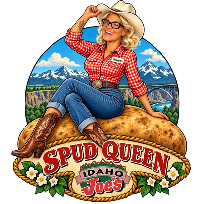 Idaho Joe's sticker: Terilynn as a cowgirl on a giant Idaho potato – “Spud Queen”