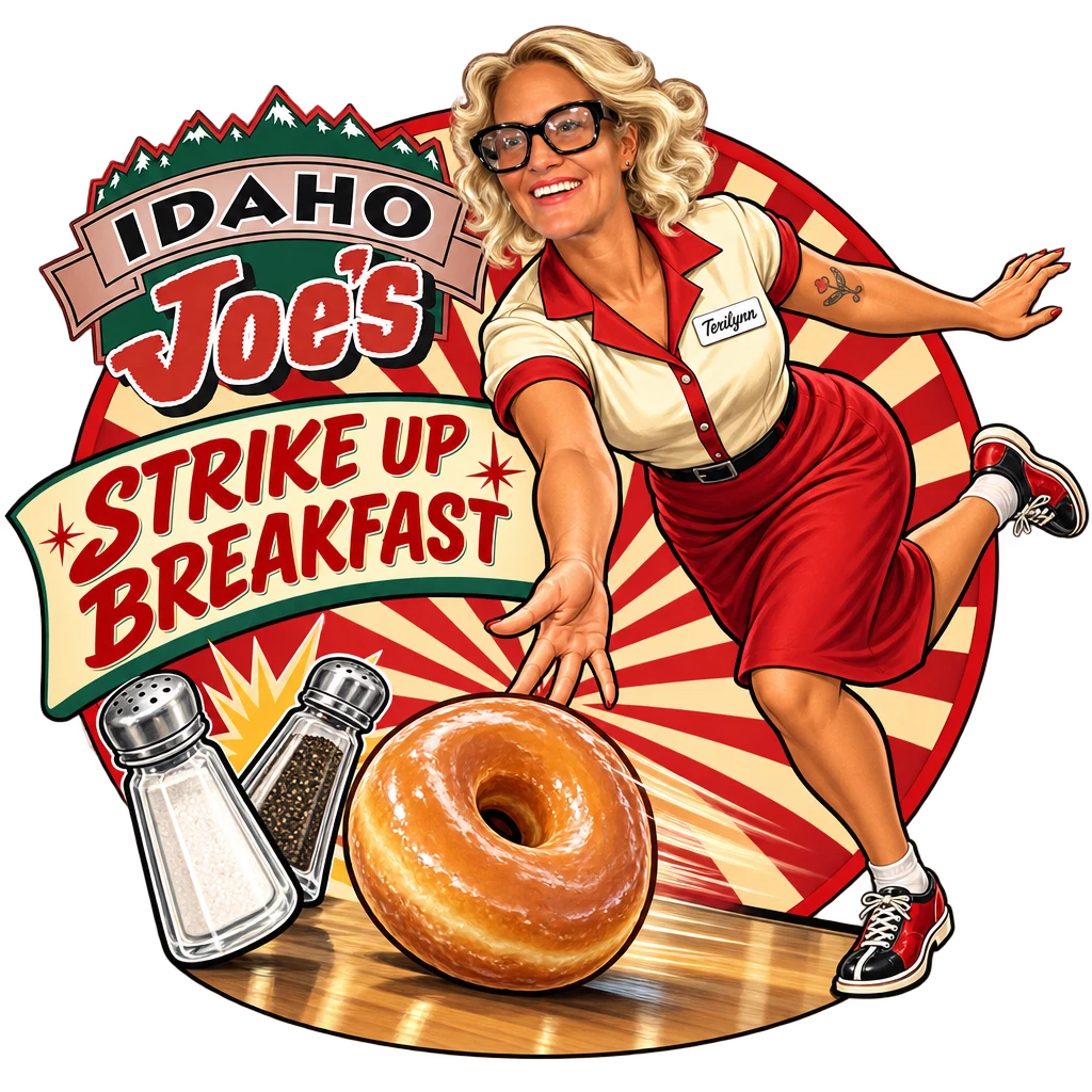 Idaho Joe's sticker: Terilynn bowling a donut at salt and pepper shakers – “Strike Up Breakfast”