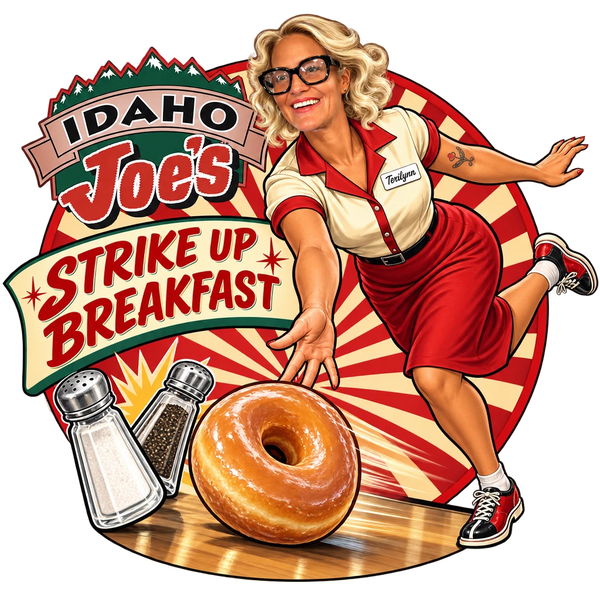 Idaho Joe's sticker: Terilynn bowling a donut at salt and pepper shakers – “Strike Up Breakfast”