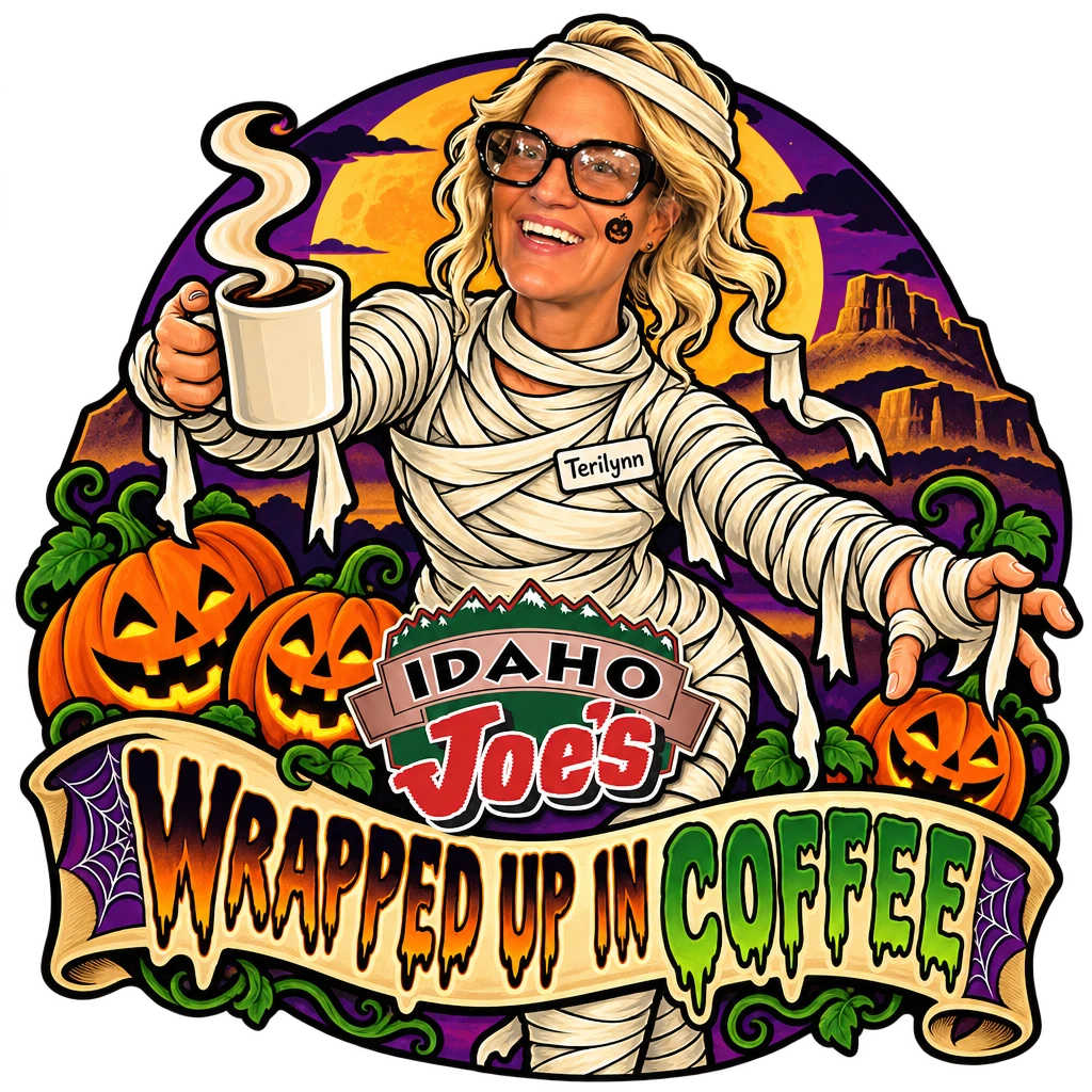 Idaho Joe's sticker: Terilynn dressed as a mummy holding a coffee mug – “Wrapped Up in Coffee”