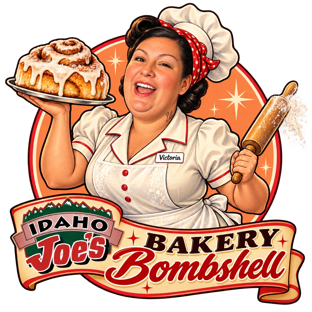 Idaho Joe's sticker: Victoria as a pin-up baker with a giant cinnamon roll – “Bakery Bombshell”