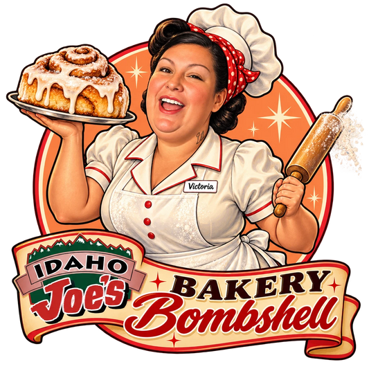Idaho Joe's sticker: Victoria as a pin-up baker with a giant cinnamon roll – “Bakery Bombshell”