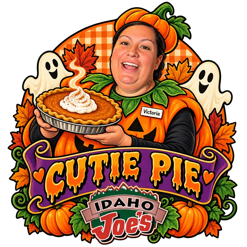 Idaho Joe's sticker: Victoria in a pumpkin costume holding a pumpkin pie – “Cutie Pie”