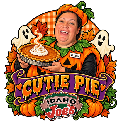 Idaho Joe's sticker: Victoria in a pumpkin costume holding a pumpkin pie – “Cutie Pie”