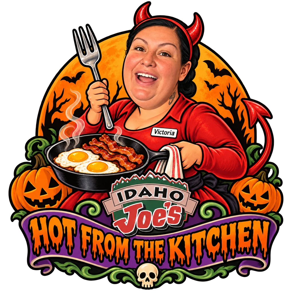 Idaho Joe's sticker: Victoria as a devil holding a skillet of eggs and bacon – “Hot From the Kitchen”