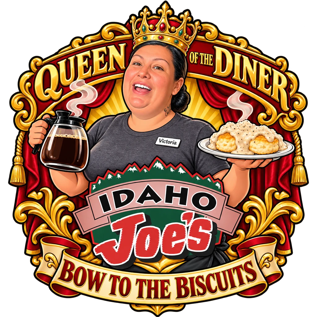 Idaho Joe's sticker: Victoria crowned with coffee and biscuits and gravy – “Queen of the Diner”