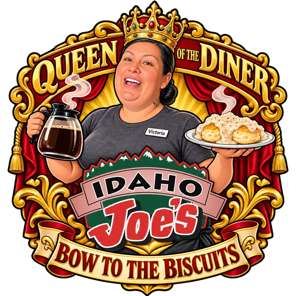Idaho Joe's sticker: Victoria crowned with coffee and biscuits and gravy – “Queen of the Diner”