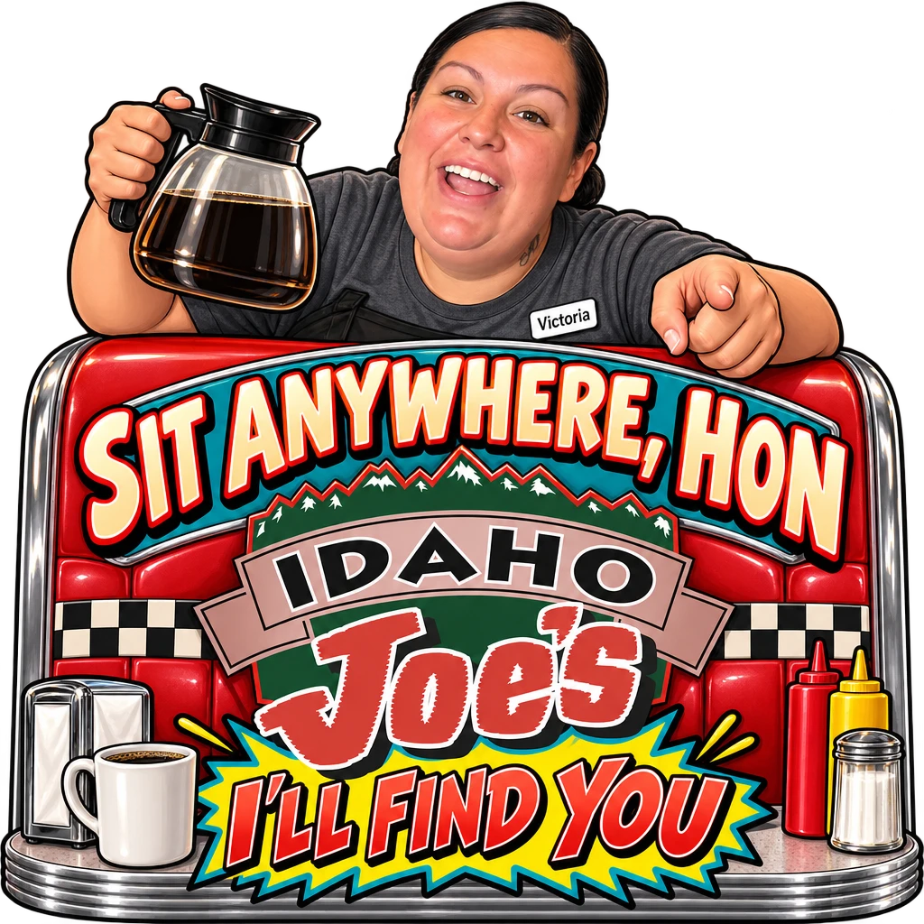 Idaho Joe's sticker: Victoria pointing from a diner booth with a coffee pot – “Sit Anywhere, Hon”