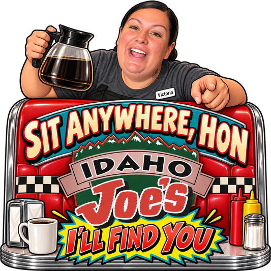 Idaho Joe's sticker: Victoria pointing from a diner booth with a coffee pot – “Sit Anywhere, Hon”