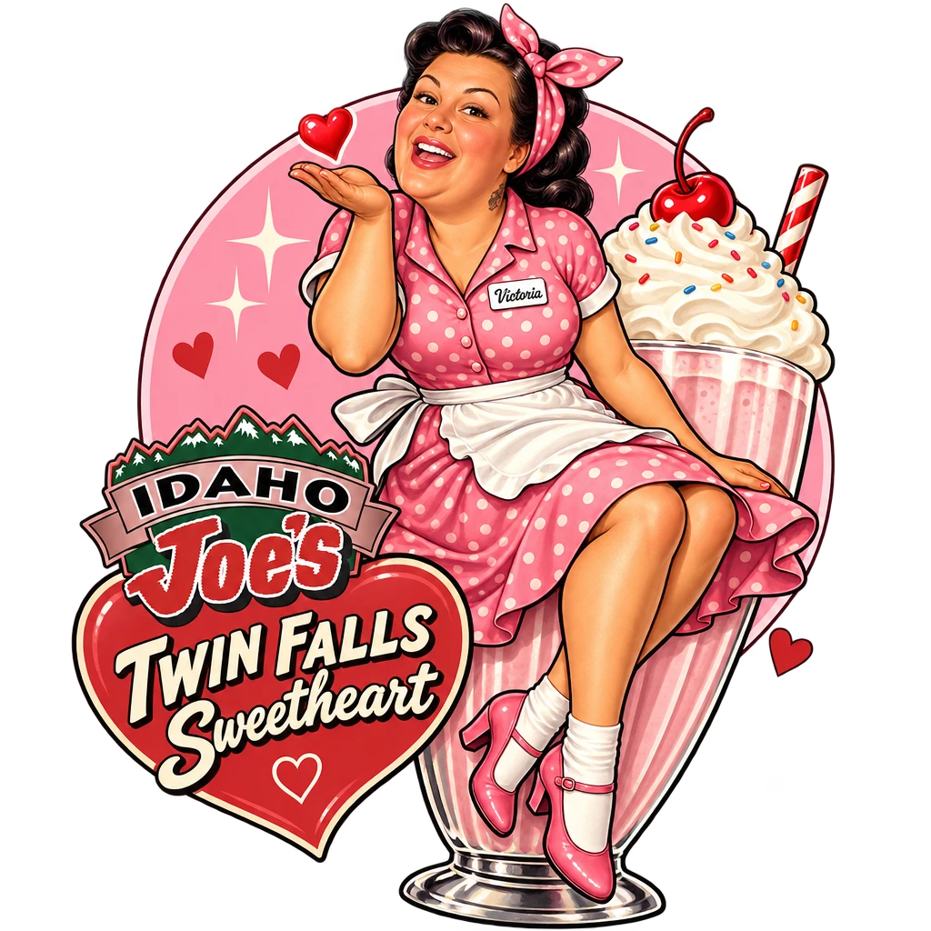 Idaho Joe's sticker: Victoria blowing a kiss on a giant milkshake – “Twin Falls Sweetheart”