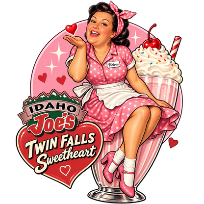 Idaho Joe's sticker: Victoria blowing a kiss on a giant milkshake – “Twin Falls Sweetheart”