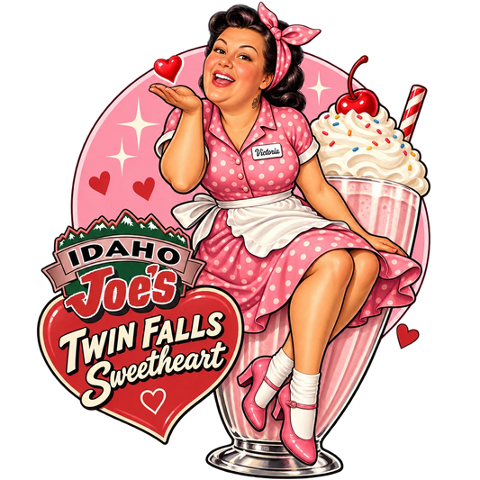 Idaho Joe's sticker: Victoria blowing a kiss on a giant milkshake – “Twin Falls Sweetheart”