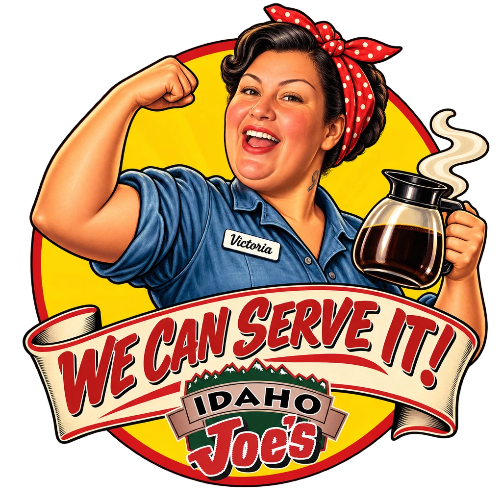 Idaho Joe's sticker: Victoria as Rosie the Riveter with a coffee pot – “We Can Serve It!”