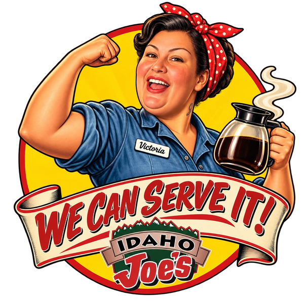 Idaho Joe's sticker: Victoria as Rosie the Riveter with a coffee pot – “We Can Serve It!”