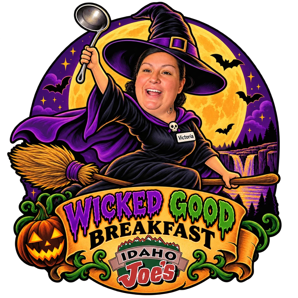 Idaho Joe's sticker: Victoria as a witch flying on a broomstick with a ladle – “Wicked Good Breakfast”