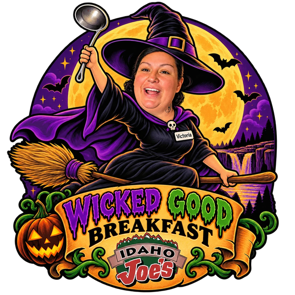 Idaho Joe's sticker: Victoria as a witch flying on a broomstick with a ladle – “Wicked Good Breakfast”