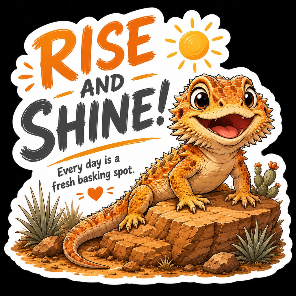 A die-cut sticker featuring a cartoon bearded dragon on rocks with desert plants, a sun, and the text “RISE AND SHINE! Every day is a fresh basking spot.” on a black background.