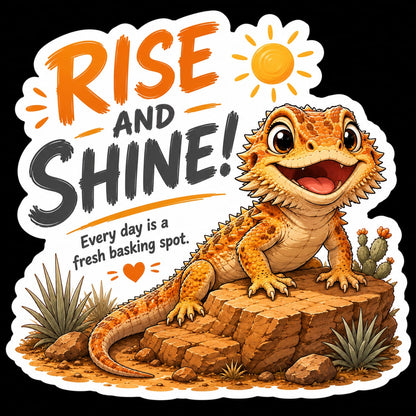 A die-cut sticker featuring a cartoon bearded dragon on rocks with desert plants, a sun, and the text “RISE AND SHINE! Every day is a fresh basking spot.” on a black background.