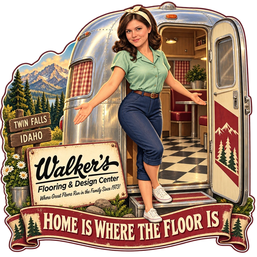 Walker's Flooring & Design Center sticker: Sammy welcoming you into a vintage camper – “Home Is Where the Floor Is”