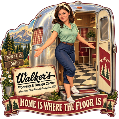 Walker's Flooring & Design Center sticker: Sammy welcoming you into a vintage camper – “Home Is Where the Floor Is”