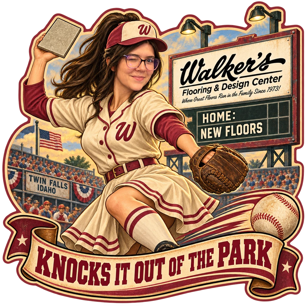 Walker's Flooring & Design Center sticker: Sammy pitching a tile sample at the ballpark – “Knocks It Out of the Park”