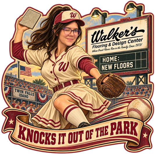 Walker's Flooring & Design Center sticker: Sammy pitching a tile sample at the ballpark – “Knocks It Out of the Park”
