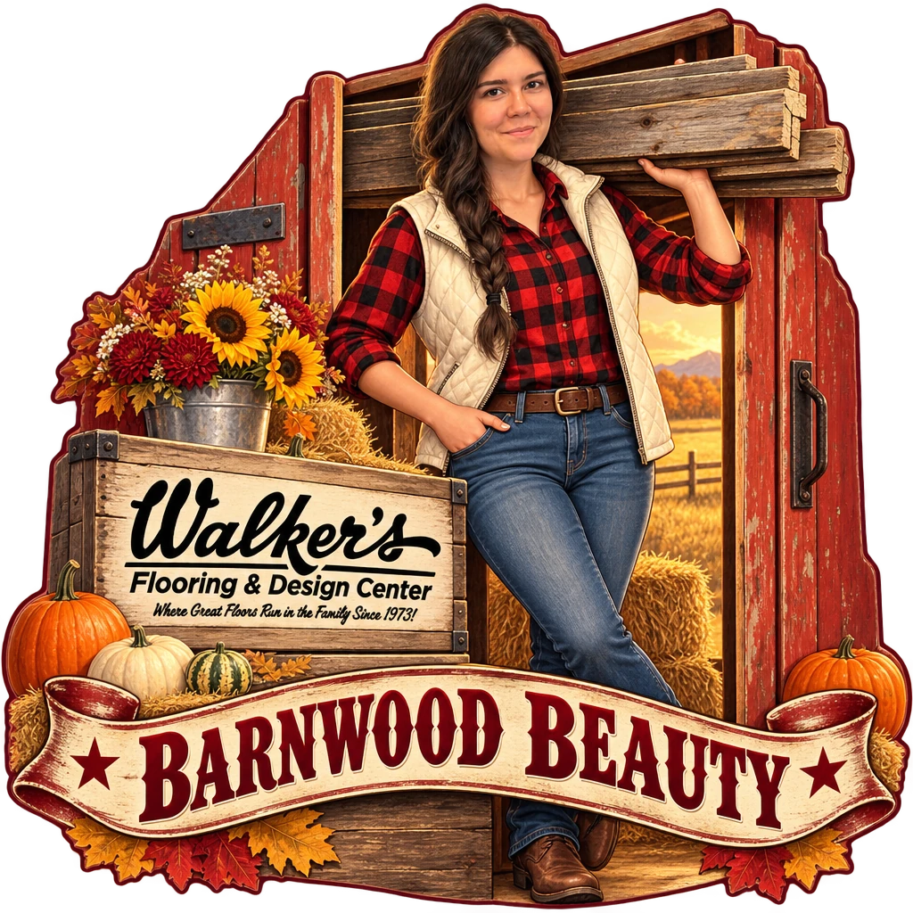 Walker's Flooring & Design Center sticker: Sammy carrying reclaimed barn boards – “Barnwood Beauty”