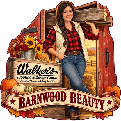Walker's Flooring & Design Center sticker: Sammy carrying reclaimed barn boards – “Barnwood Beauty”
