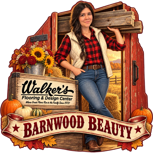 Walker's Flooring & Design Center sticker: Sammy carrying reclaimed barn boards – “Barnwood Beauty”
