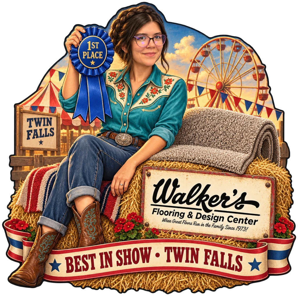 Walker's Flooring & Design Center sticker: Sammy with a 1st Place fair ribbon on a hay bale – “Best in Show · Twin Falls”