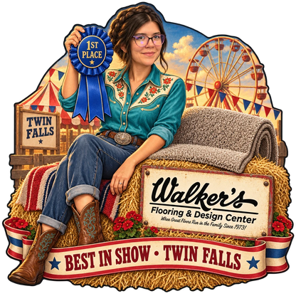 Walker's Flooring & Design Center sticker: Sammy with a 1st Place fair ribbon on a hay bale – “Best in Show · Twin Falls”