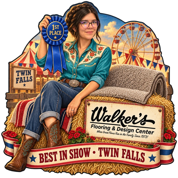 Walker's Flooring & Design Center sticker: Sammy with a 1st Place fair ribbon on a hay bale – “Best in Show · Twin Falls”