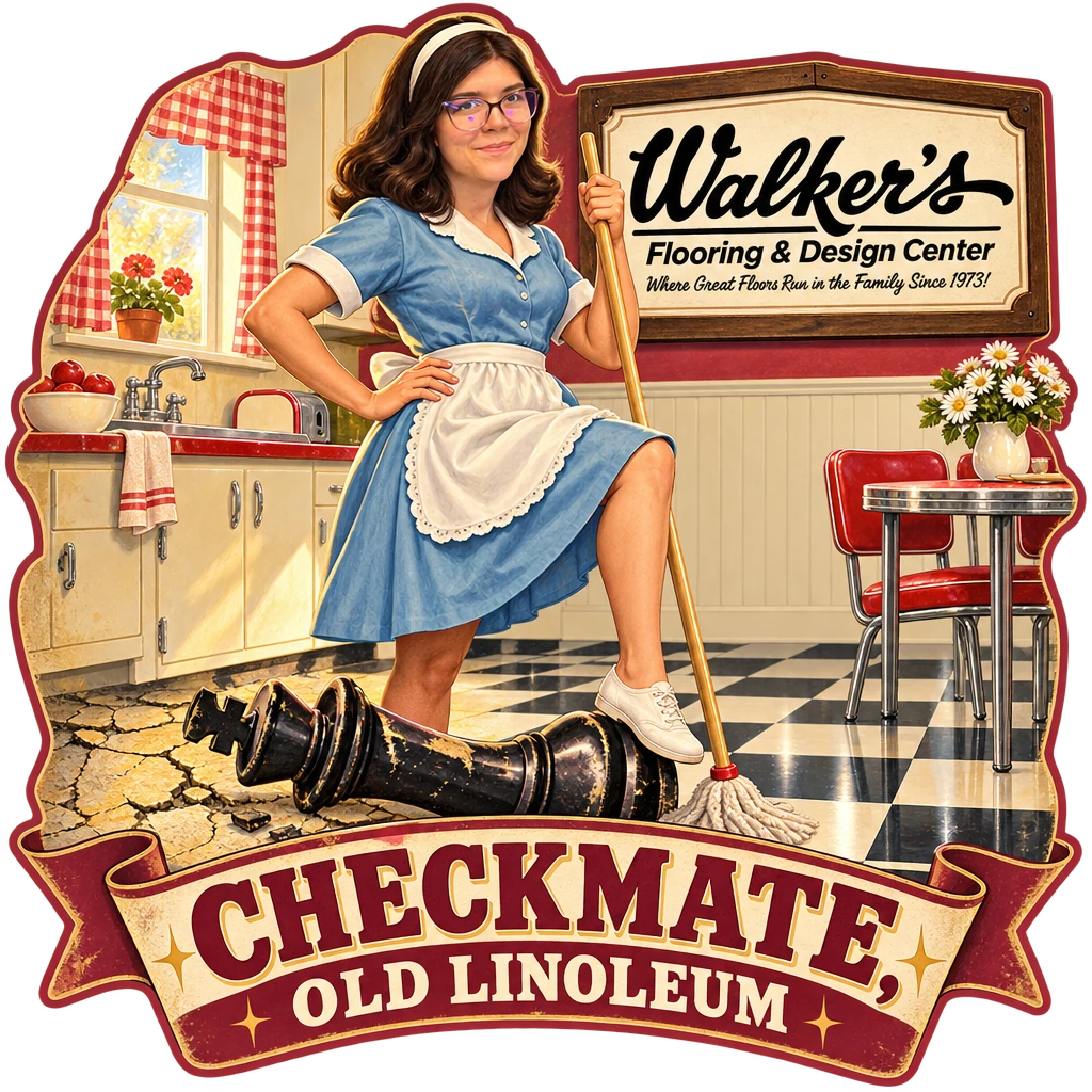 Walker's Flooring & Design Center sticker: Sammy with a mop beside a toppled chess king – “Checkmate, Old Linoleum”