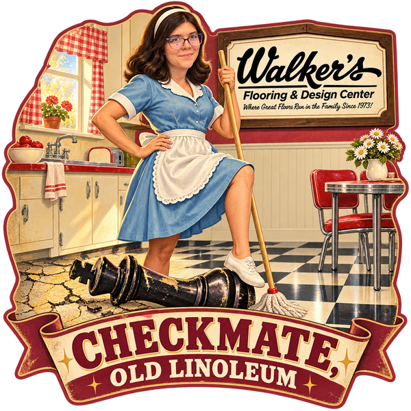 Walker's Flooring & Design Center sticker: Sammy with a mop beside a toppled chess king – “Checkmate, Old Linoleum”