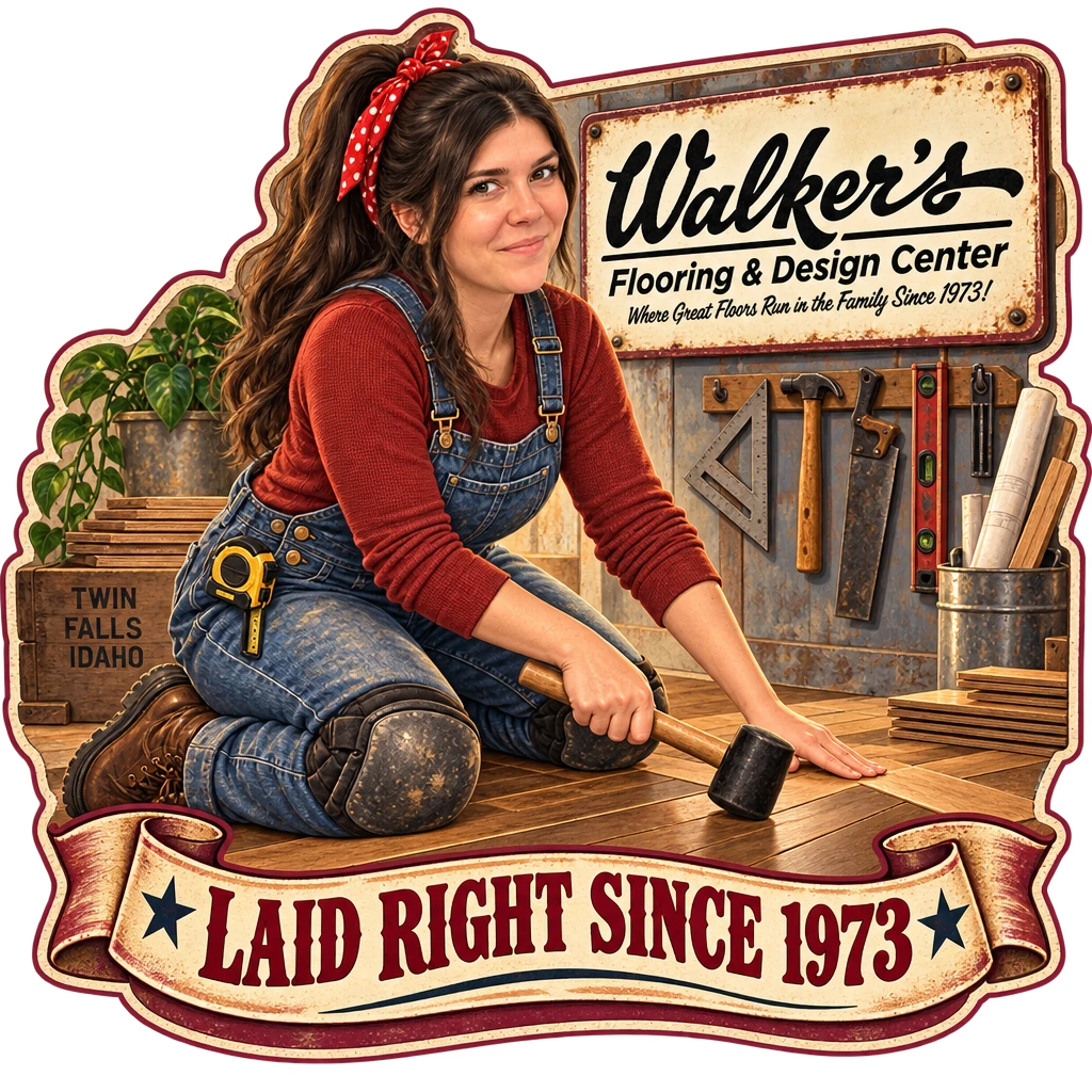 Walker's Flooring & Design Center sticker: Sammy installing a wood plank with a rubber mallet – “Laid Right Since 1973”