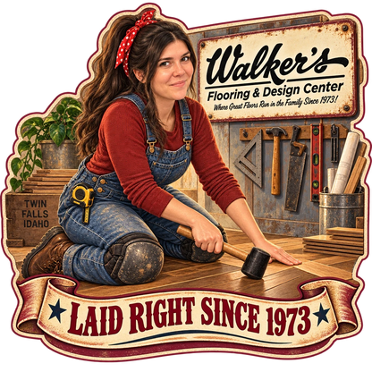 Walker's Flooring & Design Center sticker: Sammy installing a wood plank with a rubber mallet – “Laid Right Since 1973”